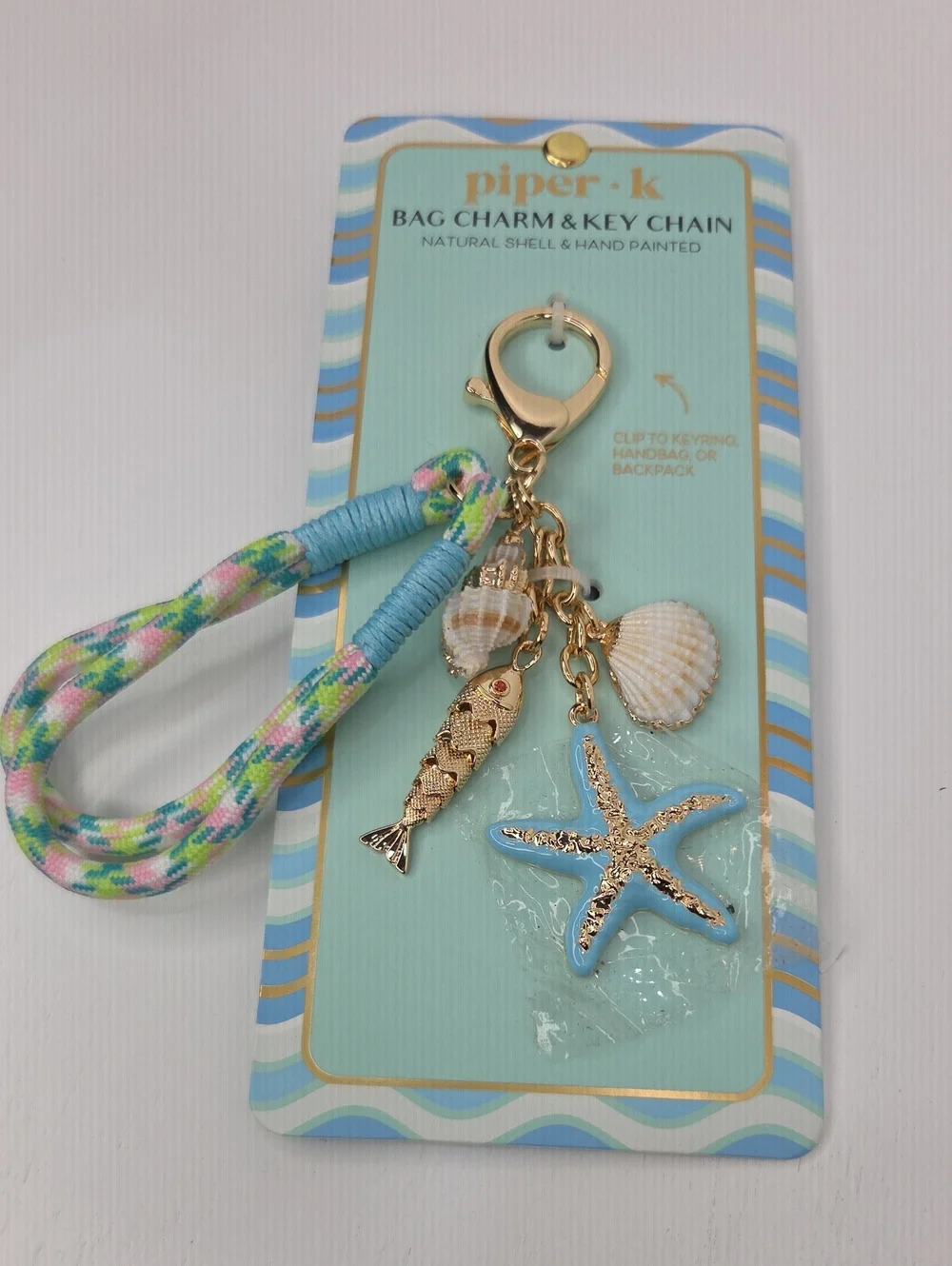 💙▪️Piper K ▪️ Seashell Starfish Bag Charm Key Chain - Blue & Gold